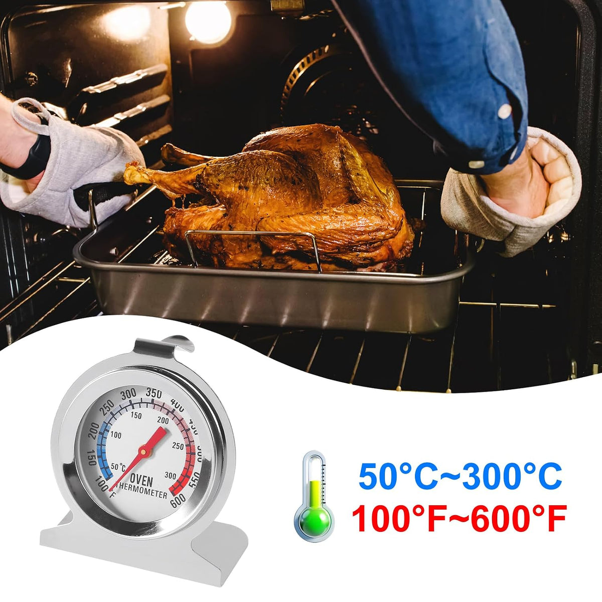 Oven Thermometer 100-600°F/50-300°C Stainless Steel Kitchen Cooking Thermomete OvenTemperature Gauge Grill Fry Chef Thermometer Oven Baking Chef Thermometer for Kitchen Cooking Baking