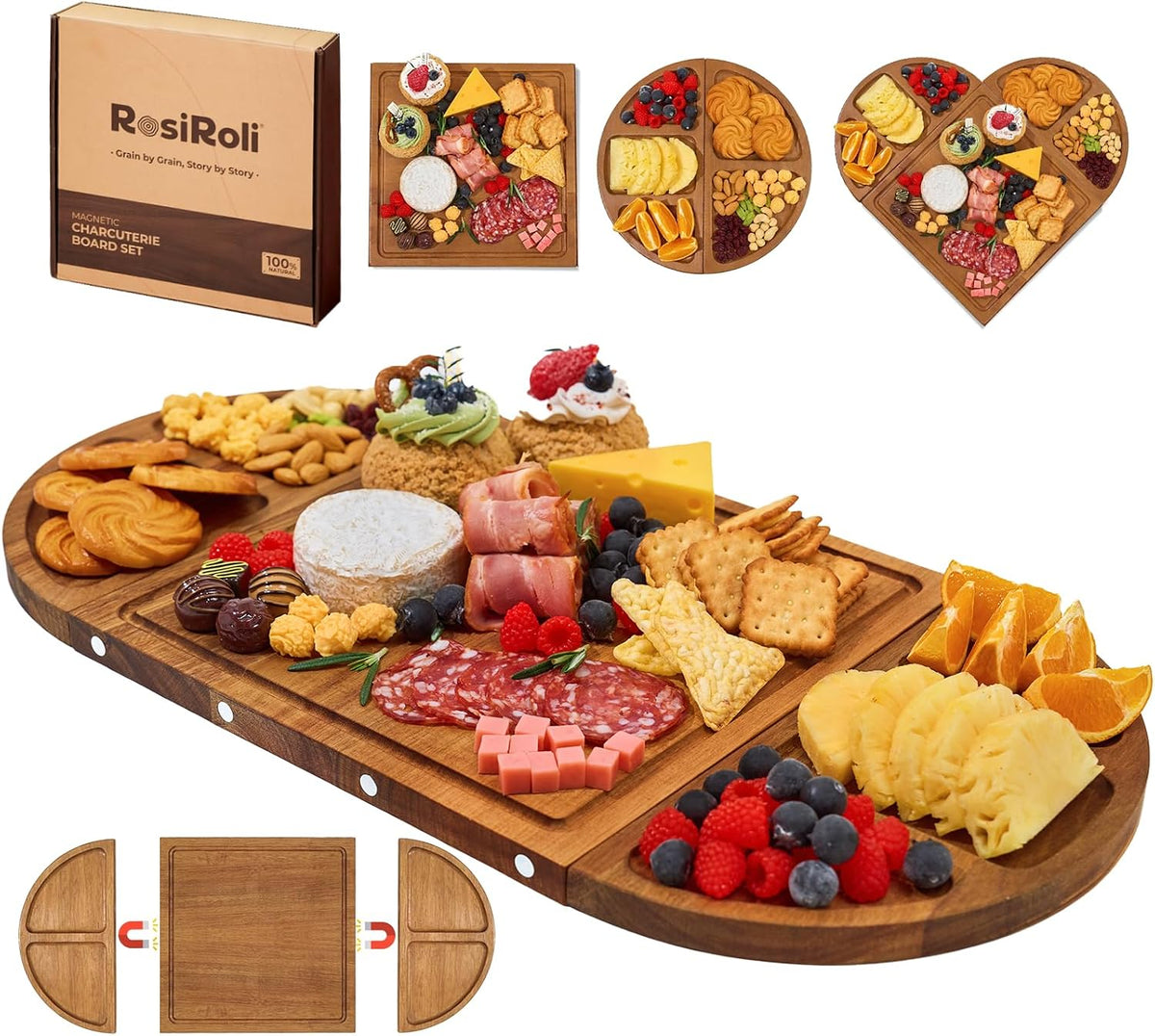Magnetic Bamboo Charcuterie Board Set, 3-Piece Serving Tray