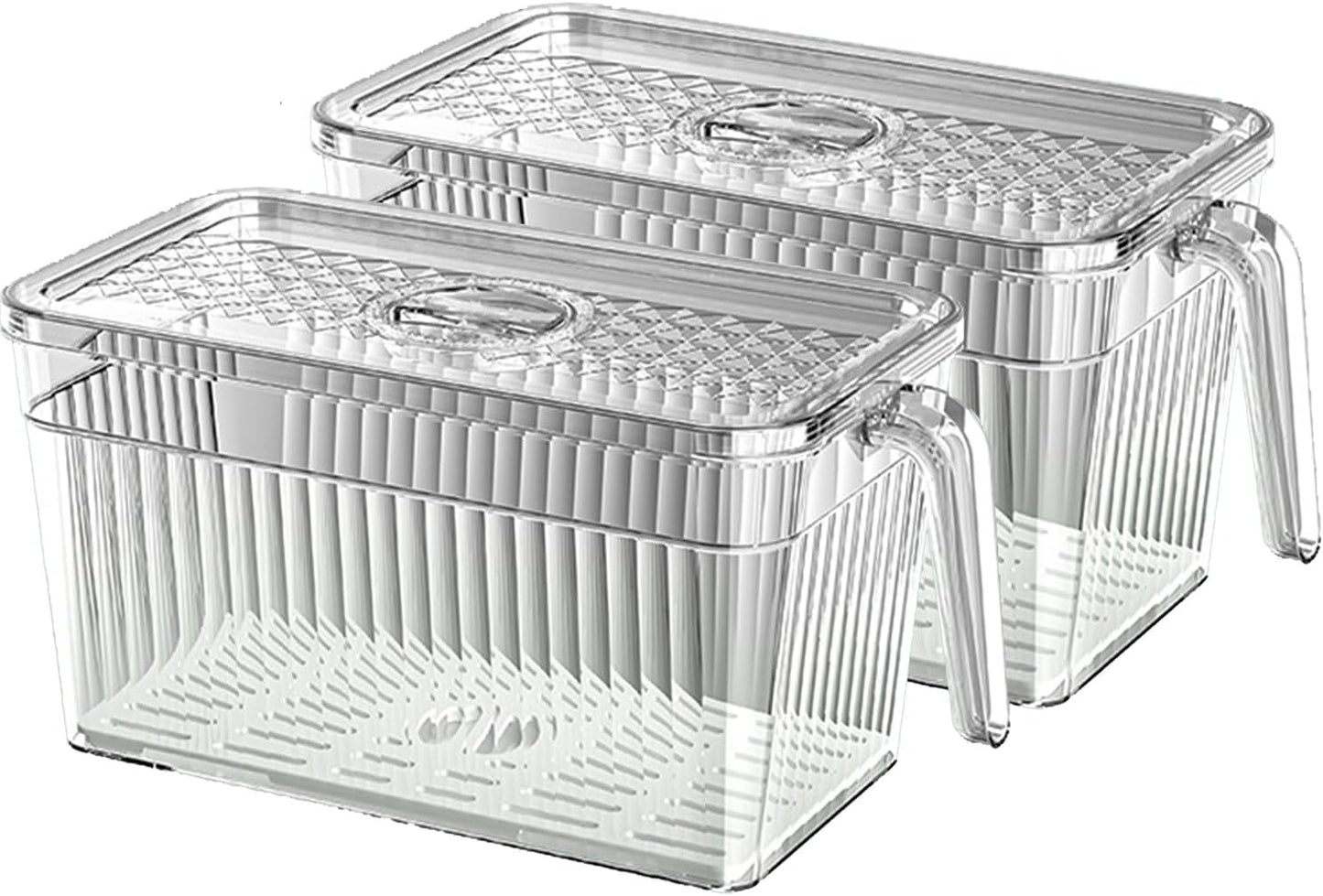 2 Pack Clear Refrigerator Organizers and Storage, Plastic Fridge Organizer Bins with Handle and Removable Drain Tray, Multi-Use Organizer Bins for Kitchen, Cabinets, Fridge, Drinks, Vegetable