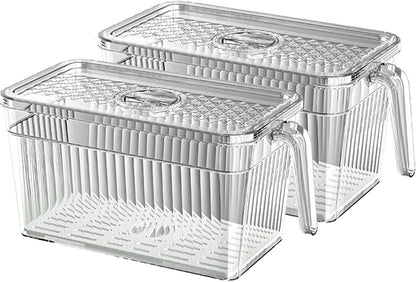 2 Pack Clear Refrigerator Organizers and Storage, Plastic Fridge Organizer Bins with Handle and Removable Drain Tray, Multi-Use Organizer Bins for Kitchen, Cabinets, Fridge, Drinks, Vegetable