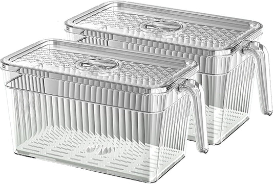 2 Pack Clear Refrigerator Organizers and Storage, Plastic Fridge Organizer Bins with Handle and Removable Drain Tray, Multi-Use Organizer Bins for Kitchen, Cabinets, Fridge, Drinks, Vegetable