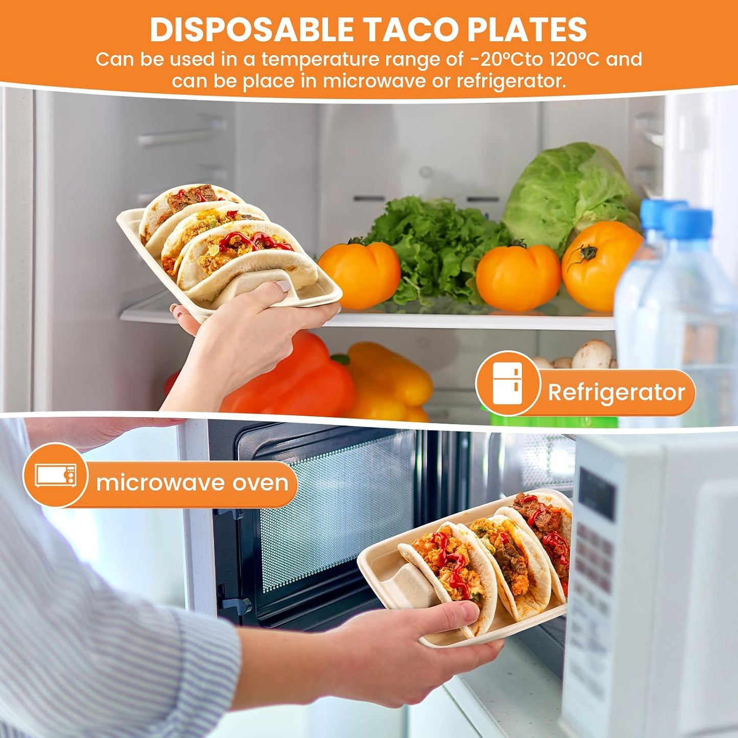 25 PCS Disposable Taco Holders for Party, Bagasse Pulp Fiber Taco Plates with 3 Dividers, Fiesta Taco Tray Holder, Taco Stands for 3 Tacos, Taco Tuesday Lazy Susan Taco Bar Serving Set for Party