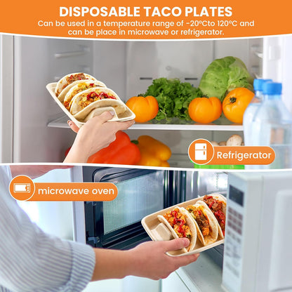 25 PCS Disposable Taco Holders for Party, Bagasse Pulp Fiber Taco Plates with 3 Dividers, Fiesta Taco Tray Holder, Taco Stands for 3 Tacos, Taco Tuesday Lazy Susan Taco Bar Serving Set for Party