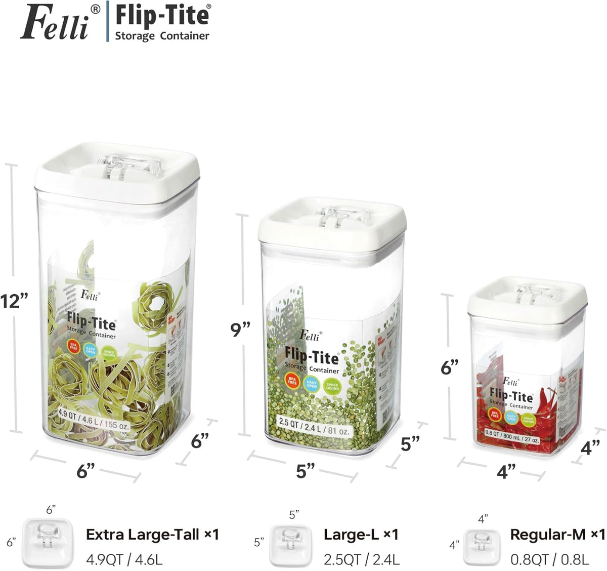 Felli Flip Tite Storage Container with Lid 4” RECTANGULAR Airtight Ring Flip Top, Stackable Kitchen Counter Pantry Organizer Acrylic Canister Jar for Pasta Spaghetti Cereal Granola Coffee (1.9qt)