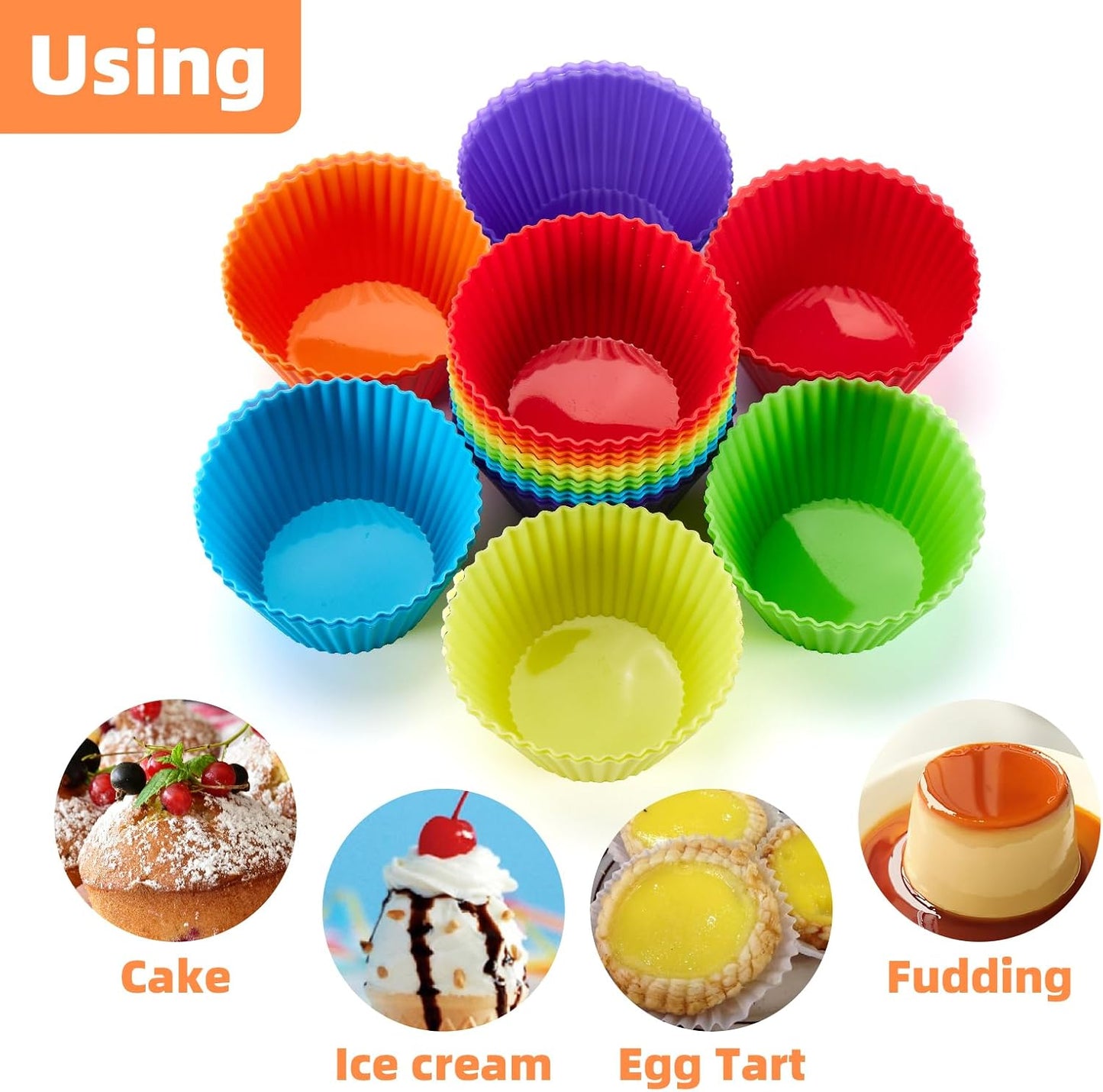 Silicone Cupcake Backing Cups 24 Pack - 2.8 Inches Reusable Muffin Molds for Cakes and Pastries, 6 Rainbow Colors