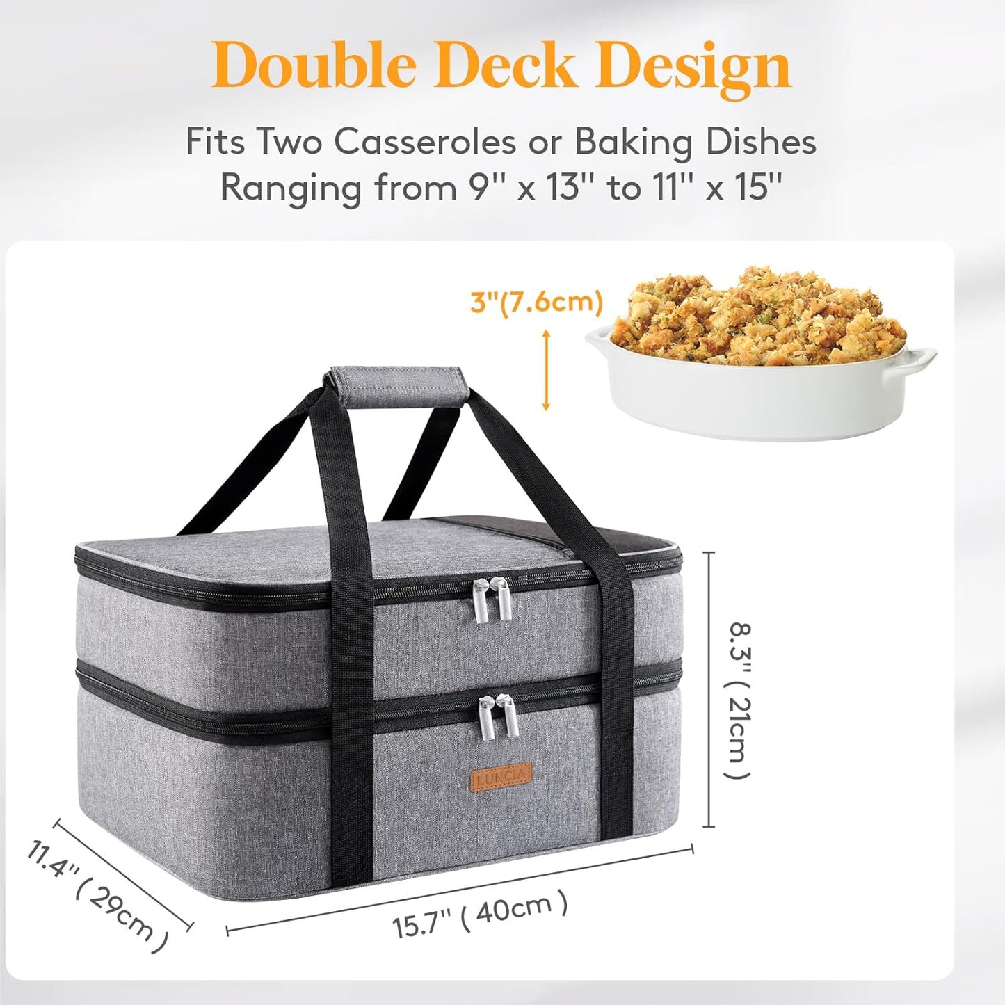 LUNCIA Insulated Single Decker Casserole Carrier, Lasagna Lugger Tote Keeps Food Hot or Cold, Thermal Lunch Bag for Potluck Parties, Picnic and Cookouts, Fits 9" x 13" Baking Dish, Black