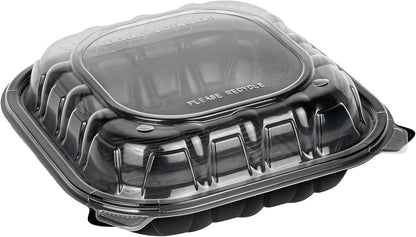 Thermo Tek 40 Ounce Clamshell Containers, 50 Disposable Take Out Boxes - 3 Compartments, Ventilated Lids, Black Plastic Meal Prep Containers, Microwavable, For Pasta Or Salads - Restaurantware