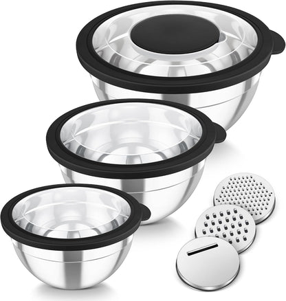 TeamFar Mixing Bowls, Stainless Steel Nesting Salad Bowls with Lids Set of 3 & 3 Grater Attachments, For Mixing/Serving/Storing, Non-toxic & Long-lasting, Size 4.6/3 / 1.5 QT, Black