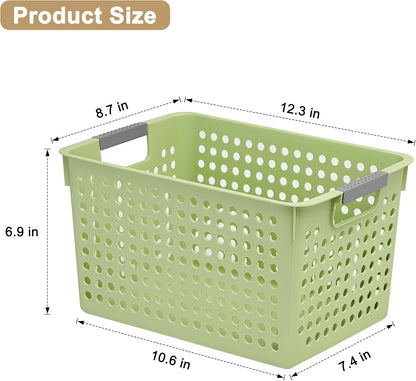Soddeph 4 Pack Plastic Deep Storage Basket with Handles, Cubbies Organizer Bins with Hollow Design for Under Counter, Closet, Kitchen or Bathroom 12.3" × 8.7" × 6.9"(White, Medium)