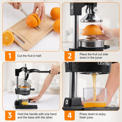 OSTBA Cast Iron Manual Citrus Juicer, Heavy Duty Hand Press Orange Juicer with Stainless Steel Cup & Strainer, Commercial Grade Lemon Squeezer for Orange, Lemon, Lime, Grapefruit, Pomegranate