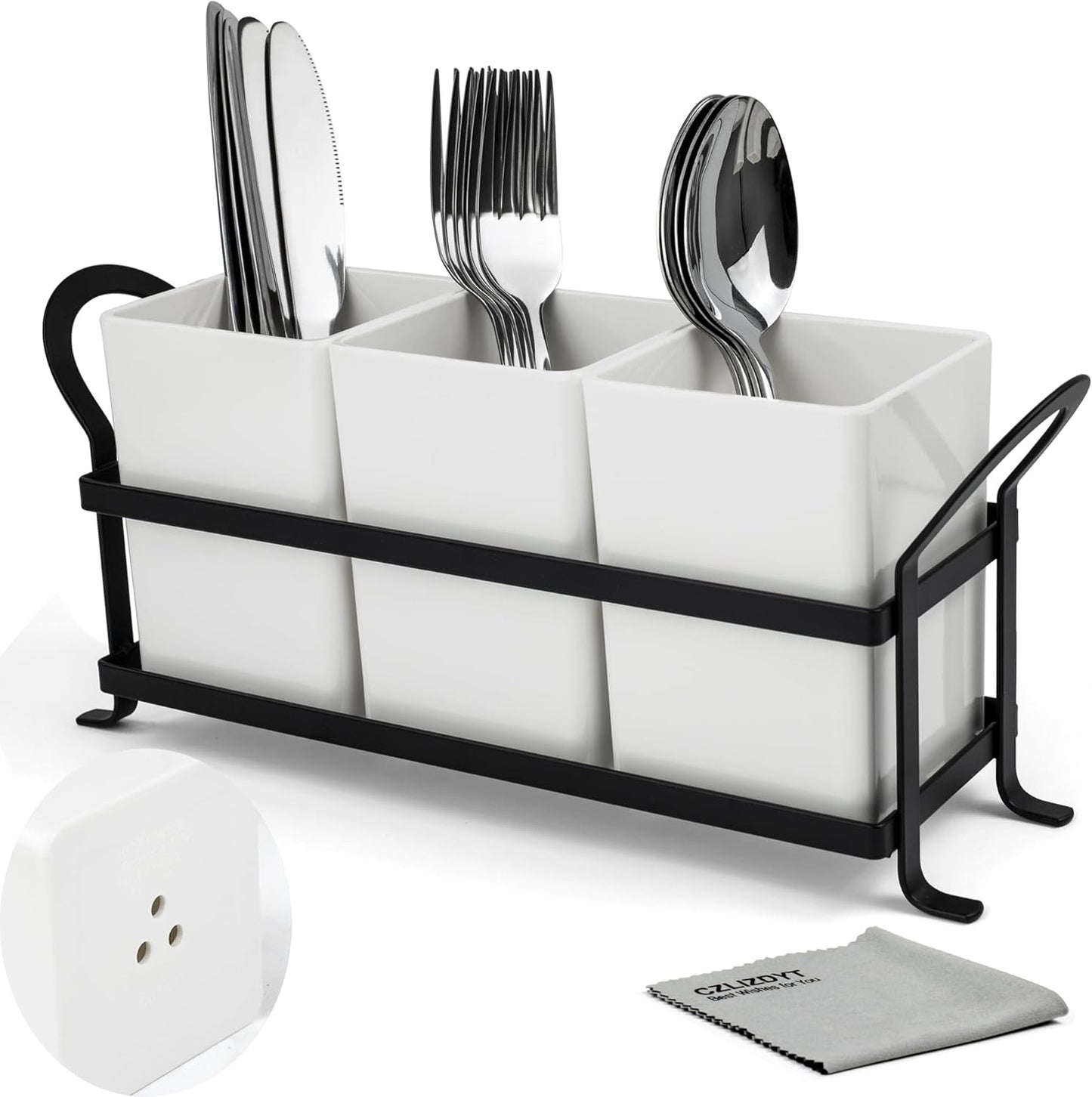 Czlizdyt Cutlery Holder with Drain Holes, Silverware Caddy for Party Countertop, 3pcs Bins Set Utensil Holders for Spoon and Fork, White