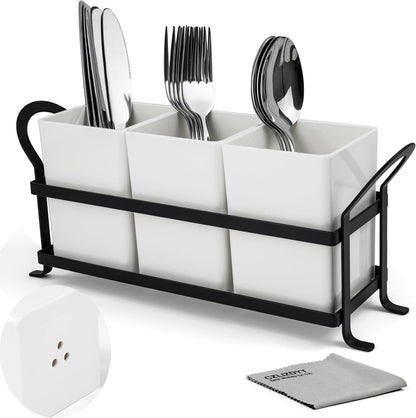 Czlizdyt Cutlery Holder with Drain Holes, Silverware Caddy for Party Countertop, 3pcs Bins Set Utensil Holders for Spoon and Fork, White
