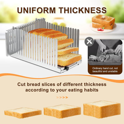 Stainless Steel Bread Slicer, Adjustable Width 5.5-8.3 Inches for Homemade Bread Sourdough Bagels Cakes, Foldable Compact Design, 0.5 Inch Even Slices