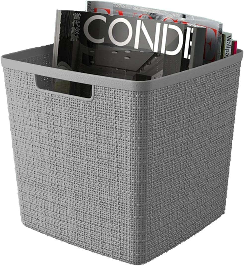 Curver Set of 4 Large 18L Easy Access Jute Decorative Plastic Organization and Storage Baskets - Perfect Bins for Home Office, Closet Shelves, Kitchen Pantry and All Bedroom Essentials, Black
