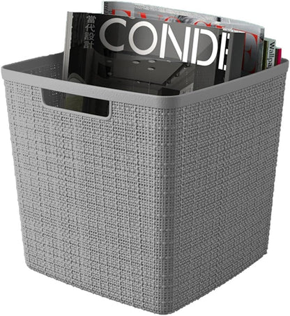 Curver Set of 4 Large 18L Easy Access Jute Decorative Plastic Organization and Storage Baskets - Perfect Bins for Home Office, Closet Shelves, Kitchen Pantry and All Bedroom Essentials, Black