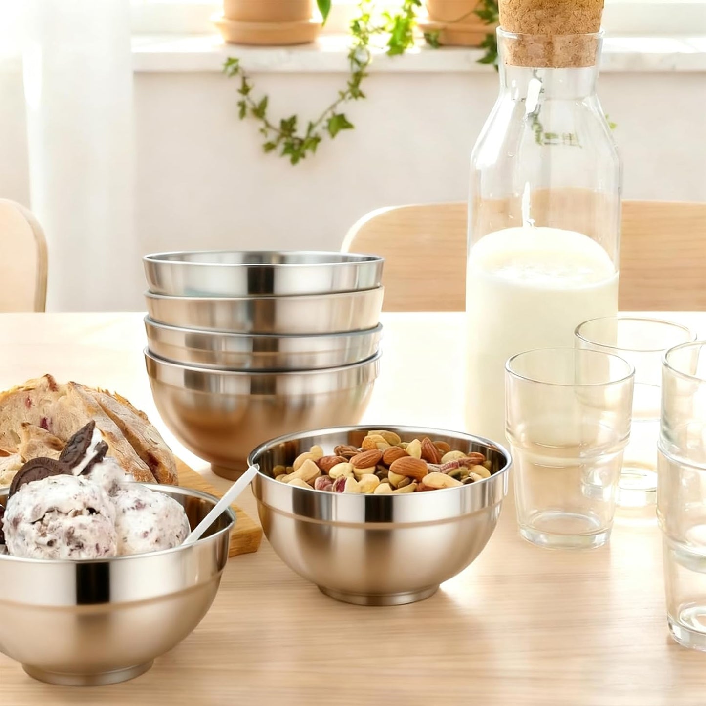 Stainless Steel Bowl Set: 500 ml Cereal Bowl, Set of 10 with Gift Box Included. Double Walled Insulated & Dishwasher Safe, Durable Deep Soup Bowl, Suitable for Home Kitchen & Child (Silver)