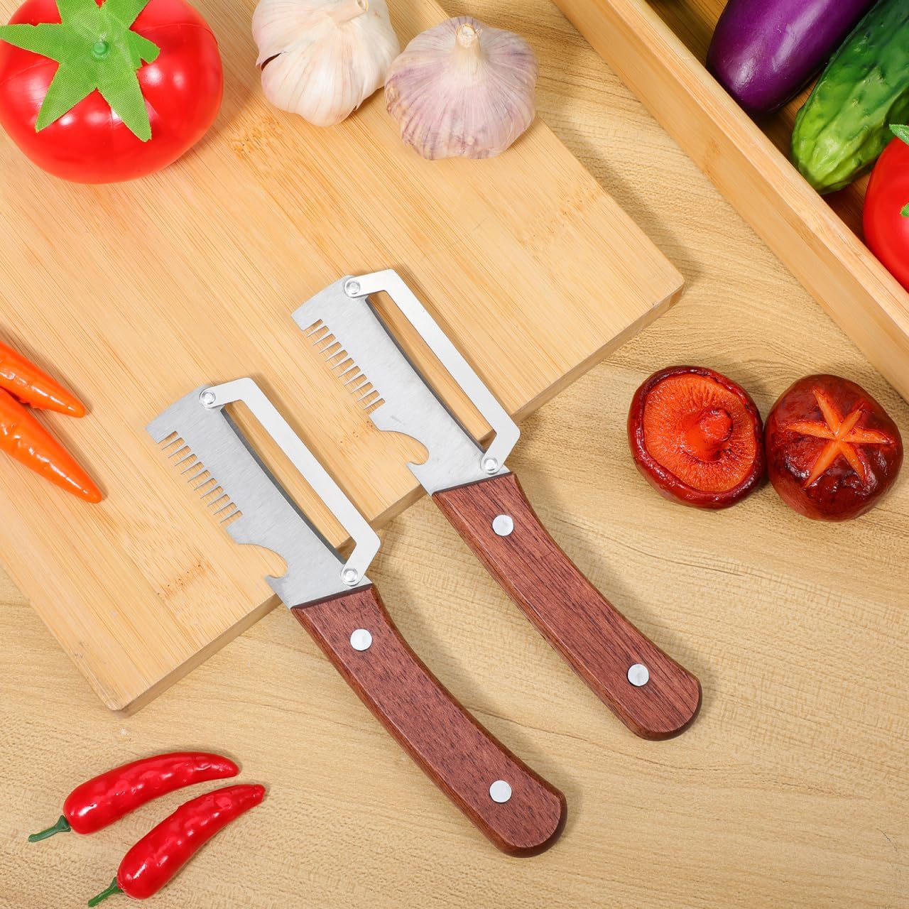 2pcs Vegetable Peeler Set - 2-in-1 Fruit and Potato Peeler with Bottle Opener, Stainless Steel Blade and Wooden Handle, for Food Prep - 7.48X1.50X0.67