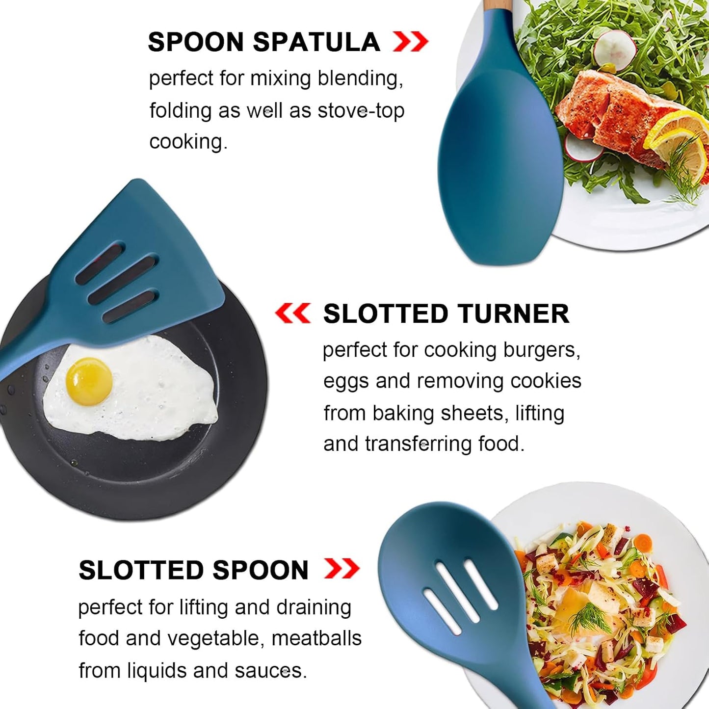 Kitchen Cooking Utensils Set, 6Pcs Silicone Kitchen Utensils Set Spatula Spoon Soup Ladle Turner, Heat Resistant Wooden Handle Silicone Cooking Gadgets for Nonstick Cookware & Baking BPA FREE