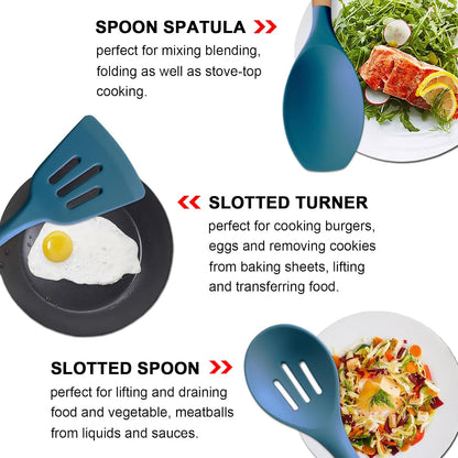 Kitchen Cooking Utensils Set, 6Pcs Silicone Kitchen Utensils Set Spatula Spoon Soup Ladle Turner, Heat Resistant Wooden Handle Silicone Cooking Gadgets for Nonstick Cookware & Baking BPA FREE