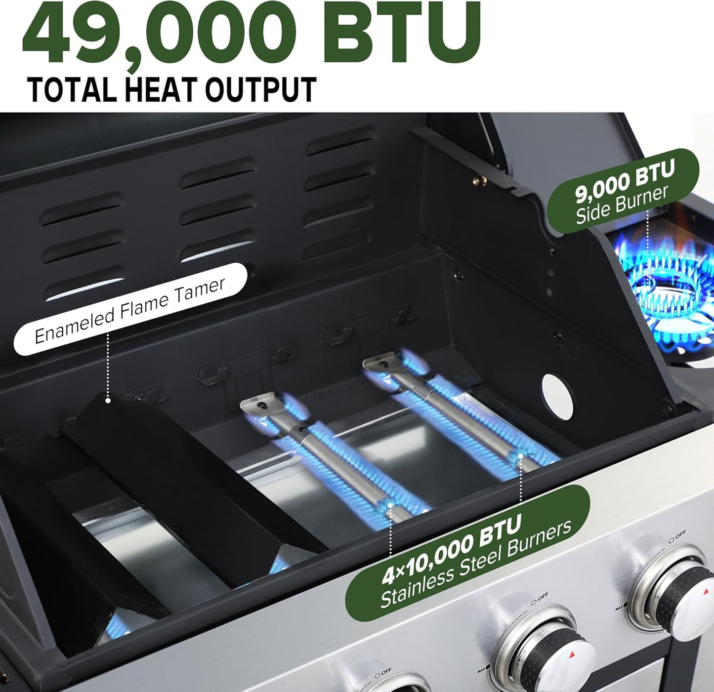 Gas Grill with Side Burner, 3-Burner Propane Grill with Porcelain-Enameled Cast Iron Grates and Double-Wall Insulated Lid, 39,000 BTU BBQ Grill with Wheels for Outdoor Cooking