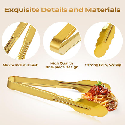 Stainless Steel Serving Tongs, 9 Inch Gold Salad Tongs Serving Utensils Buffet Tongs Gold Plated Heavy Duty Reusable Metal Kitchen Clips for Salad, Snack, Barbecue, Catering, Wedding, Party