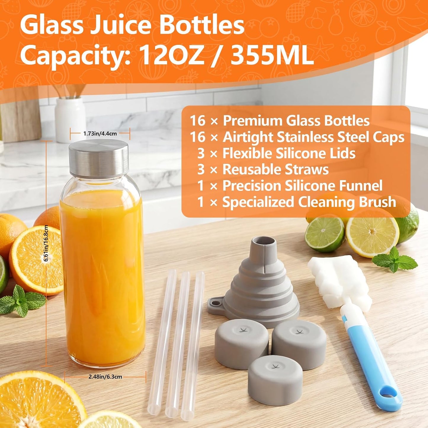 Glass Juice Bottles with Lids 10 oz, 6 Pack Reusable Small Glass Bottles with Stainless Steel Caps & Straws, BPA-Free Leak proof Juice Bottle Containers for Juicing, Milk, Smoothies & Fridge
