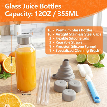 Glass Juice Bottles with Lids 10 oz, 6 Pack Reusable Small Glass Bottles with Stainless Steel Caps & Straws, BPA-Free Leak proof Juice Bottle Containers for Juicing, Milk, Smoothies & Fridge