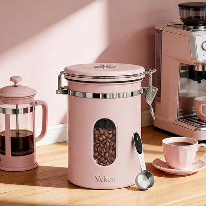 Veken Coffee Canister with Window, Family Choice Awards Winner, Airtight Stainless Steel Home Kitchen Food Storage Container with Lids for Grounds, Beans, Tea, Flour,Cereal,Sugar Jars,Scoop,16OZ,Black