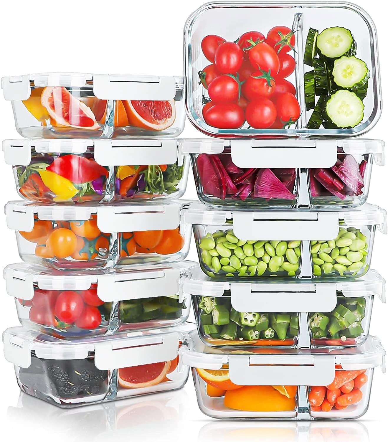 KOMUEE 10 Packs 30oz Glass Meal Prep Containers 2 Compartments,Glass Food Storage Containers with Lids,Airtight Lunch Bento Boxes,Microwave,Oven,Freezer and Dishwasher Safe