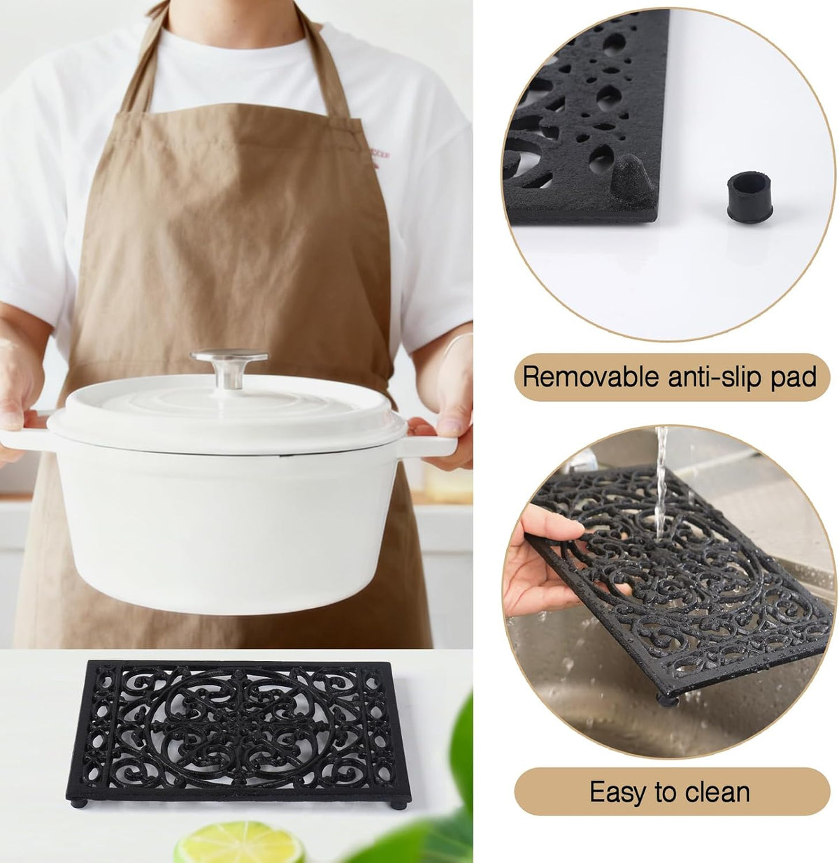 Notakia 9.6 x 6.3 Inch Cast Iron Trivet Set, Large Metal Trivets for Hot Dishes Pots Pans Decorative Kitchen Trivets, Heat-Resistant Trivet Mats for Quartz Countertops, Green Kitchen Accessories