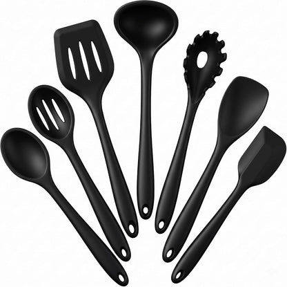 E-far Silicone Cooking Utensils Set, 7-Piece Black Heat Resistant Kitchen Utensils Set, Kitchen Nonstick Tools Spatula Ladle Spoon Pasta Server for Non-stick Cookware, Non-Toxic & Dishwasher safe