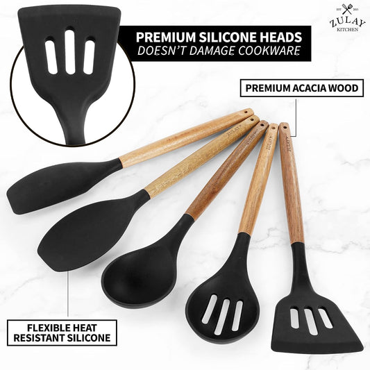 Zulay Kitchen Utensils Set Non-Stick Silicone Cooking Utensils Set with Authentic Acacia Wood Handles - 5 Piece Silicone Utensil Set - Kitchen Utensils Set with 464°F Heat Resistance - Gray