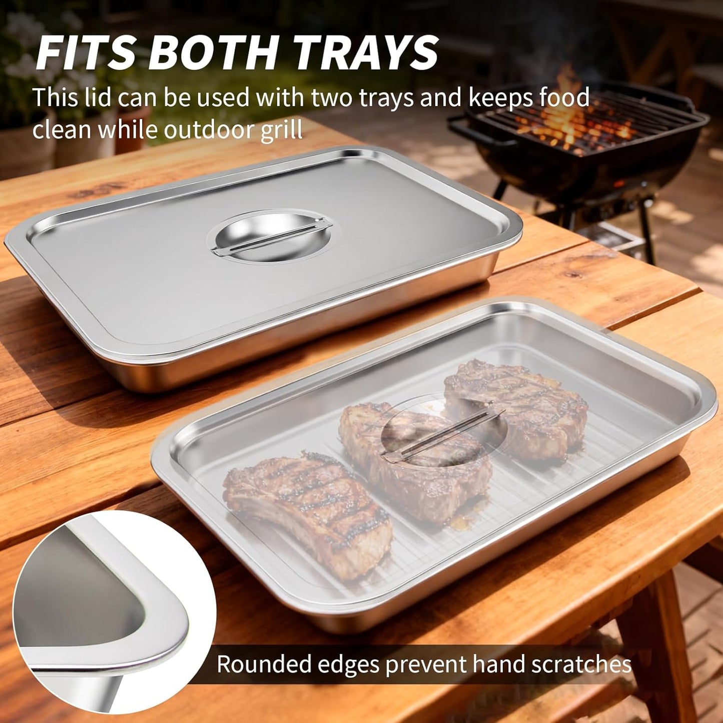 ENLOY 9-in-1 Stainless Steel Grilling Prep and Serve Trays Set, Large Capacity Food Prep Tray & Grill Carry System with Lid, Cutting Broad & 2 Food Tongs, Cleaning Cloth & 2 Gloves for Pickling Food