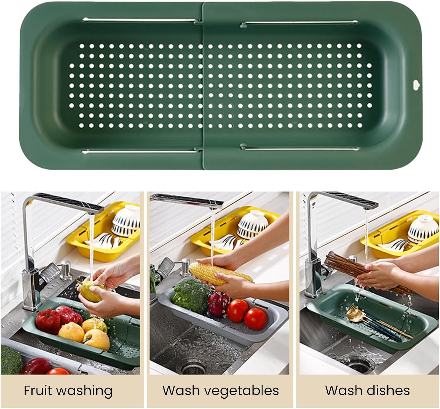 YOXIER Expandable Drain Basket Retractable Colander Retractable Drain Basket Over Sink Multifunctional Grade Pp Extendable Fruit Vegetable Washing Drainer Colander Strainer Bowl Tableware Container