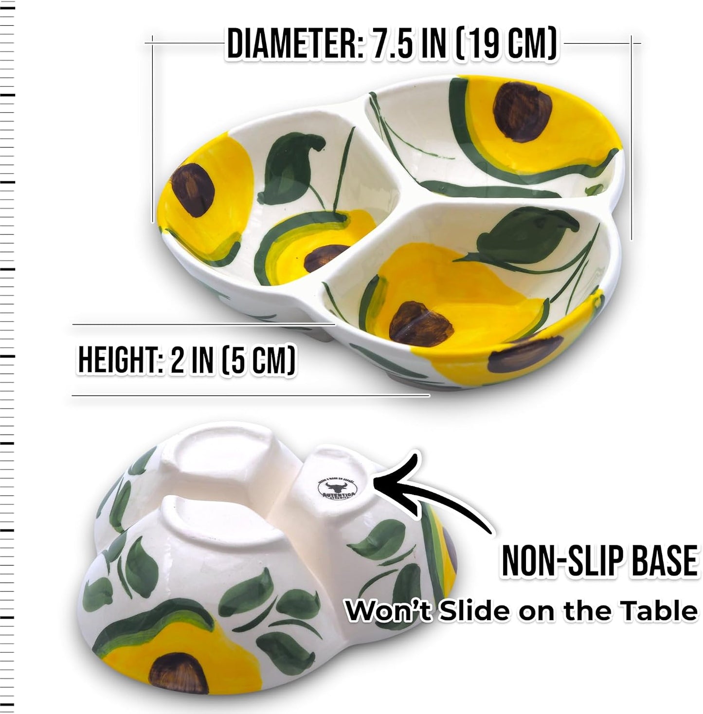 Ceramic Chip & Dip Bowl 7.5”, 3-Compartment Divided Serving Dish & Condiment Tray for Appetizers – Handmade in Spain, Lead-Free Glaze, Microwave, Oven & Dishwasher Safe
