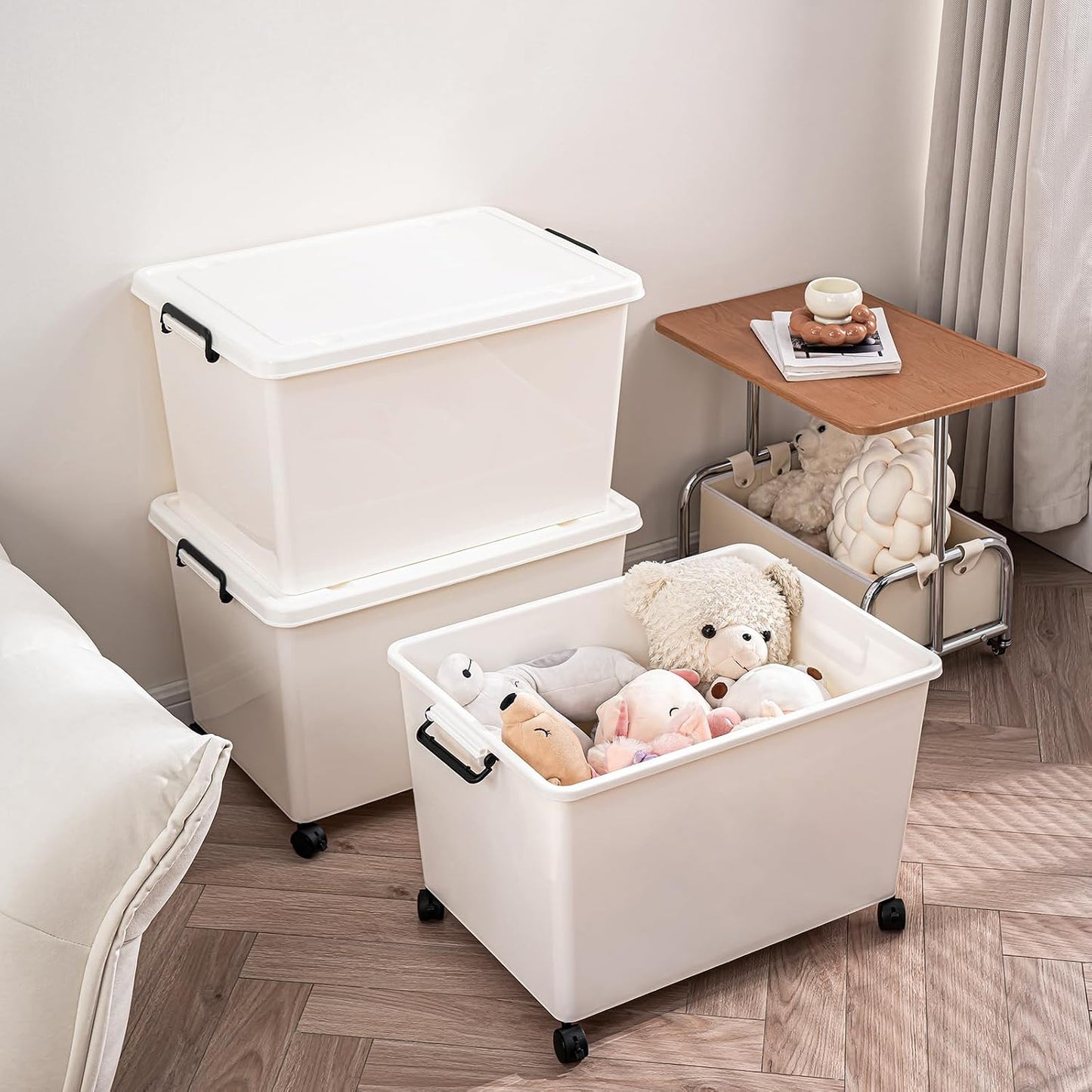 Large Stackable Plastic Storage Bins with Wheels, 3-Pack 60 Quart White Thickened Latching Lid Containers with Lockable 360° Casters for Home, Office, Bathroom, and Dorm Organization