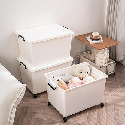 Large Stackable Plastic Storage Bins with Wheels, 3-Pack 60 Quart White Thickened Latching Lid Containers with Lockable 360° Casters for Home, Office, Bathroom, and Dorm Organization