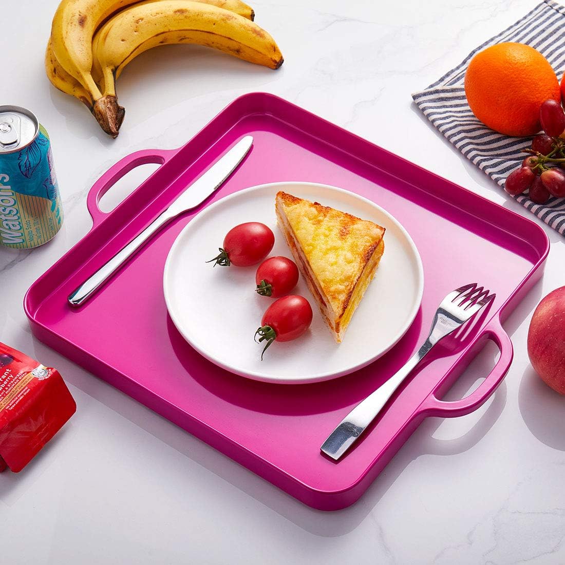 i BKGOO Foodservice Red Plastic Tray with Handle Set of 2 Large Melamine Cube Serving Platters for Parties, Table, Kitchen Size(12.5"x12.5"x1")