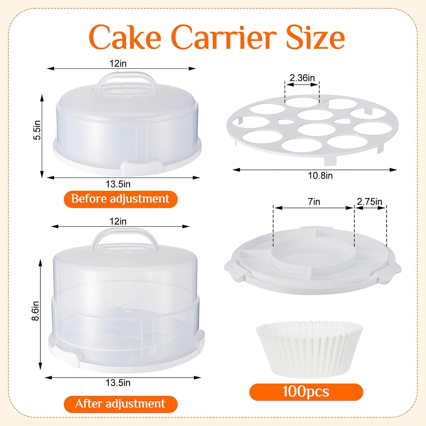 Teenyyou 12 Inch Large Cake Carrier with Lid and Handle for 12" Round 7" High Cake Adjustable Plastic Pies Carrier Portable Cupcakes Transport Container for Cookies Pizza and More(Pink)