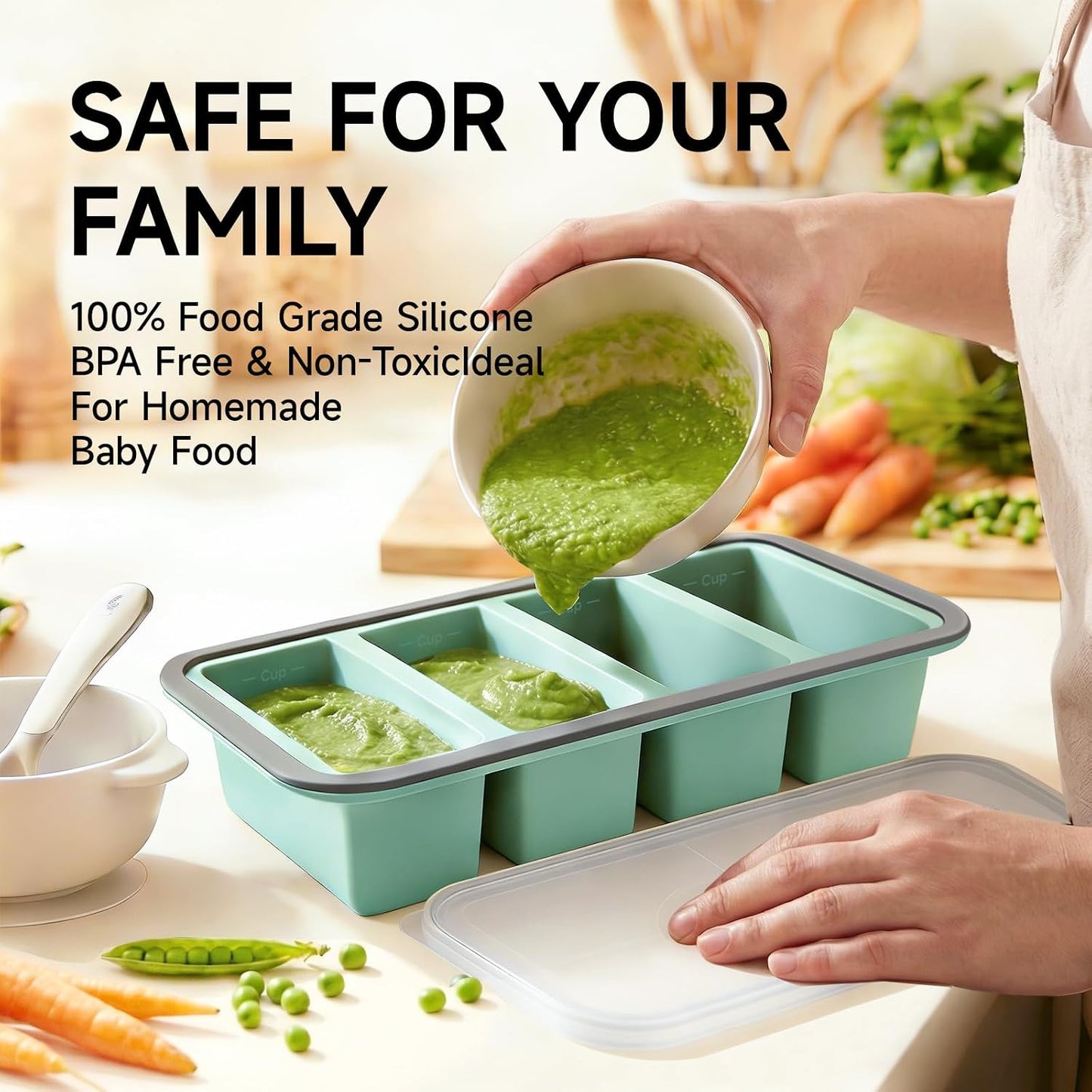 Tvmania 2-Pack Silicone Freezer Tray with Lid - 1 Cup / 4 Compartment Soup Freezer Container for Broth, Sauce & Meal Prep - Large Ice Cube Tray for Whiskey - Stackable, Easy Release, Oven Safe