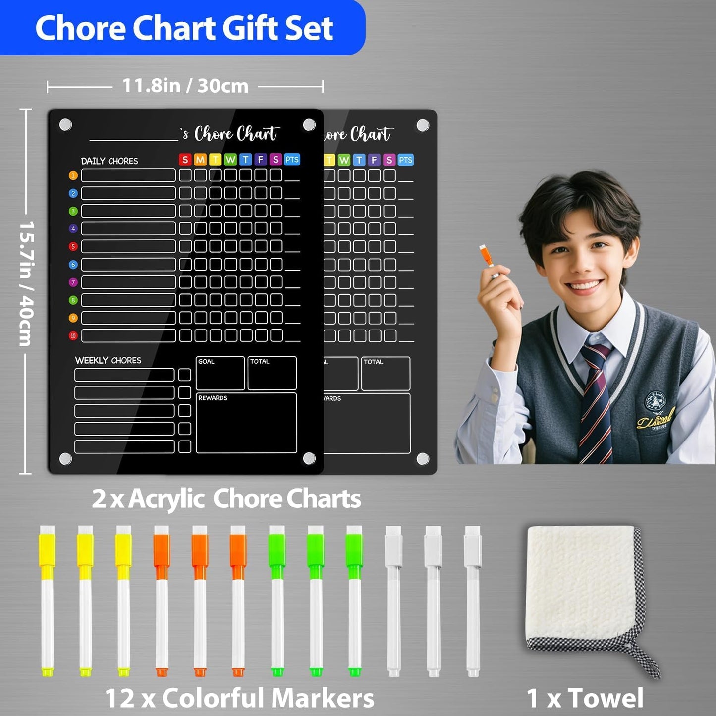 PigPotParty 2-in-1 Acrylic Magnetic Chore Chart for 2 Kids, Couples, Roommates, 15"x11" Large Dry Erase Chore Board for Fridge, Clear Weekly & Daily Reward Chart, Includes 12 Markers & Towel