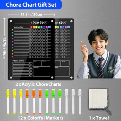 PigPotParty 2-in-1 Acrylic Magnetic Chore Chart for 2 Kids, Couples, Roommates, 15"x11" Large Dry Erase Chore Board for Fridge, Clear Weekly & Daily Reward Chart, Includes 12 Markers & Towel