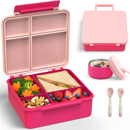 LOHASOK Bento Lunch Box Kids with 8oz Soup Thermo, Leak-Proof Lunch Containers with 4 Compartment, Thermo Hot Food Jar and Insulated Lunch Box for School Blue