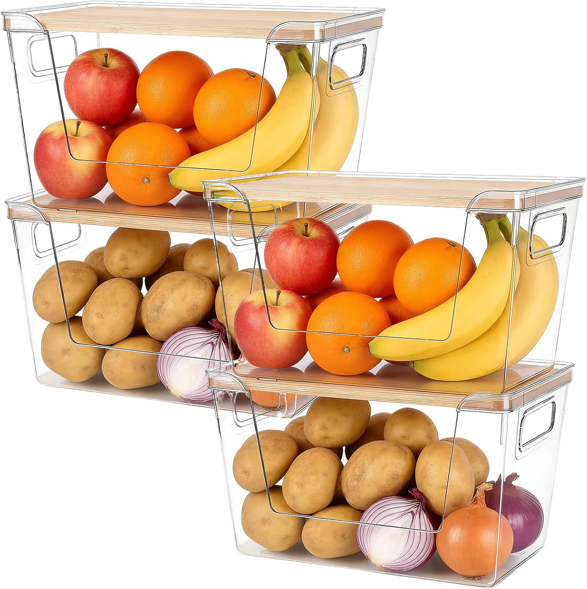 2 Set Pantry Organizers and Storage - Stackable Pantry Storage Bin Containers for Potato, Onion, Garlic, Fruit, Vegetable, Produce - Clear Front Open Kitchen Under Sink Organizer with Lid