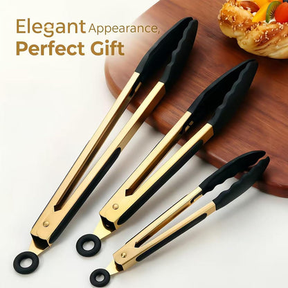 2-Piece Kitchen Spatula Tongs Food Serving Tongs 9" and 12" Cooking with BPA Free Silicone Tips, Toaster Steak Pie Pizza Pasta Spaghetti Noodles Salad Grill BBQ Buffet Clamp Serving Tools(Gold)