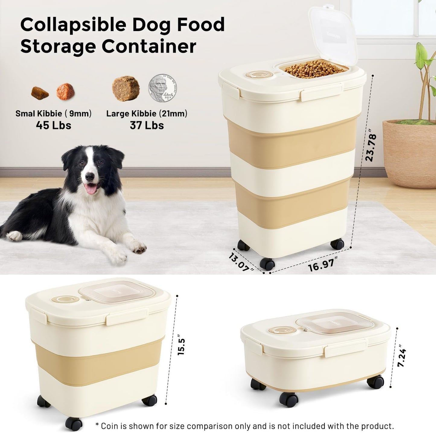 ZOMISIA 40-50lbs Dog Food Storage Container, Large Capacity Collapsible Airtight Pet Food Storage Containers with Rolling Wheels, Transparent Lid, Scoop and Date Track, Brown