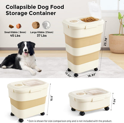 ZOMISIA 40-50lbs Dog Food Storage Container, Large Capacity Collapsible Airtight Pet Food Storage Containers with Rolling Wheels, Transparent Lid, Scoop and Date Track, Brown