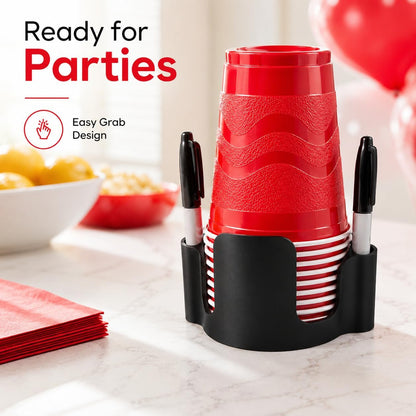 Party Cup Dispenser with Marker Holder – Stackable Plastic Cup Organizer for Parties, Events, BBQs, Picnics, Graduations & Drink Stations, Cup and Marker Caddy, Black (Red)