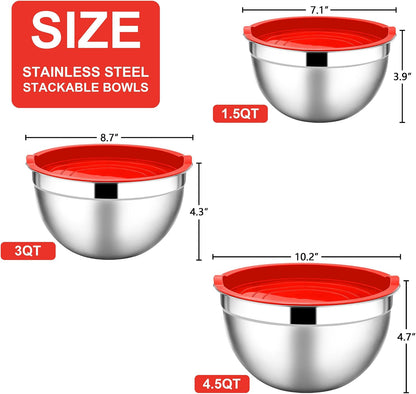 E-far Mixing Bowls With Lids Sets of 5, 10-Piece Stainless Steel Salad Metal Nesting Bowl for Baking Cooking and Prepping, Airtight Lid & Stackable Design, Size 4.6, 3, 2.1, 1.5, 0.7 QT, Black