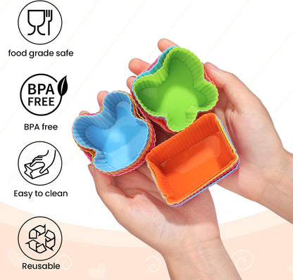 30 Pieces Silicone Cupcake Liners for Lunch Box Accessories, Reusable Lunch Box Dividers, Round Square Rectangular Butterfly Rabbit Shaped bento box inserts, Muffin Cups Baking Molds
